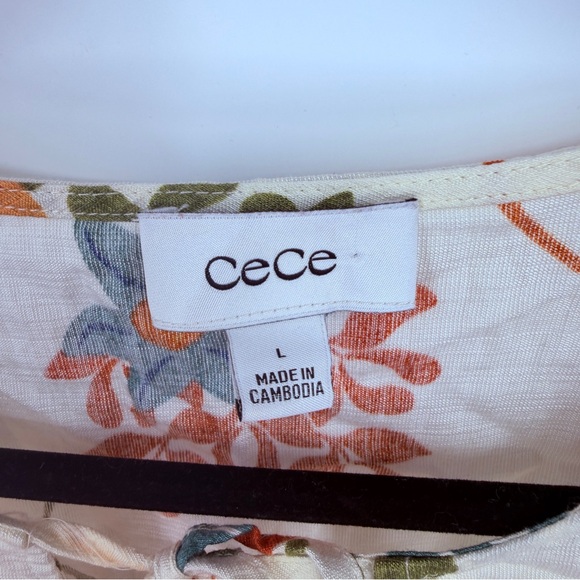 CeCe Floral Boho Peplum Blouse Puff Sleeve Tie Neck Top Size Large - Picture 3 of 6